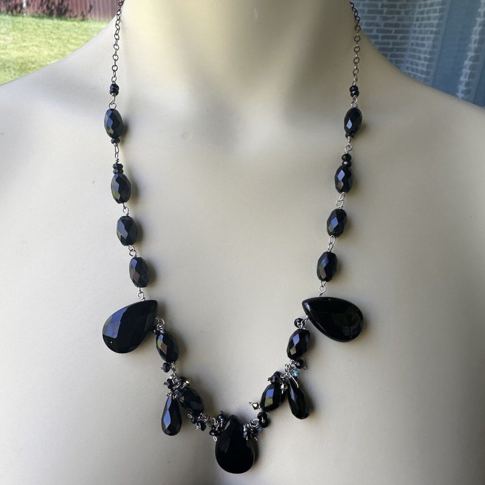 VTG Beaded Necklace 22 Inch Polished Glass Oval Black Faceted 925 Sterling
